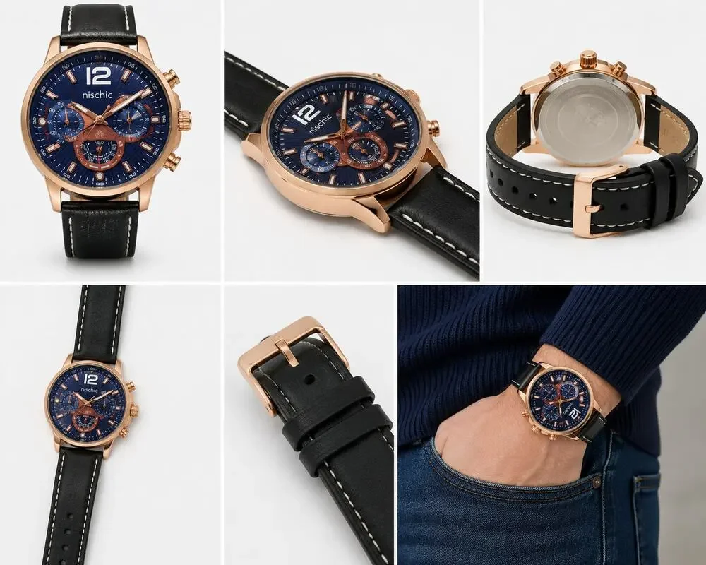 Nischic Men’s Blue Dial Rose Gold-Tone Watch – Black Strap